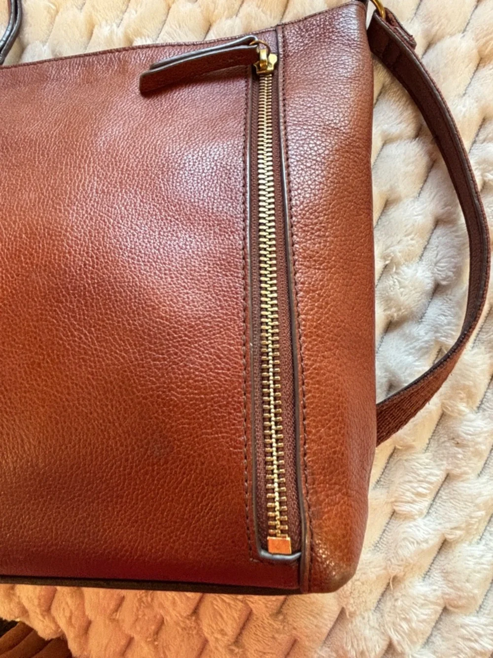 Fossil Brown Pebbled Leather Shoulder Bag Crossbody Zip Pocket